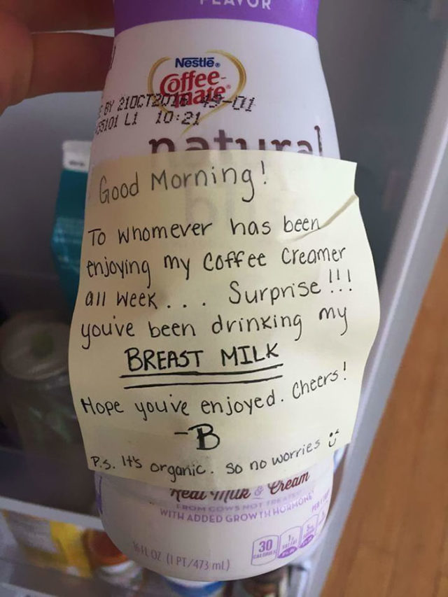 Breast milk note revenge office food theft prank 1.jpg