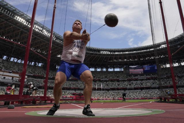Marcel Lomnicky, of Slovakia, competes in qualifications for the men's hammer throw at the 2020 Summer Olympics, Monday, Aug. 2, 2021, in Tokyo.