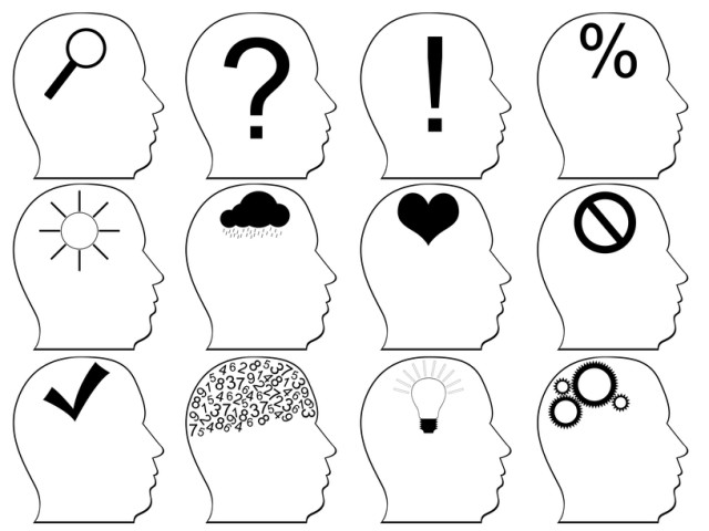 Nákresy hláv s rôznymi symbolmi v mozgovej časti