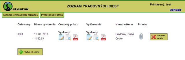 Náhľad zoznamu pracovných ciest v eCestak.sk