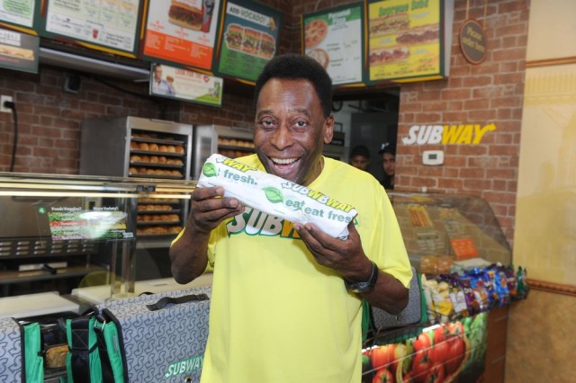 IMAGE DISTRIBUTED FOR SUBWAY RESTAURANTS - Soccer legend Pele is announced as SUBWAY restaurants newest global brand ambassador, Thursday, July 31, 2013, in New York. (Photo by Diane Bondareff/Invision for SUBWAY restaurants/AP Images)