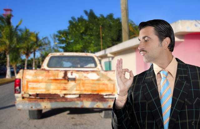 car used salesperson selling old car as brand new truck salesman typical topic ok gesture