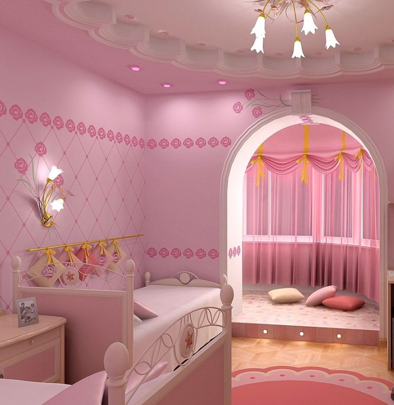 Дизайн детской для девочки в розовых тонах с аркой и подвесным потолком