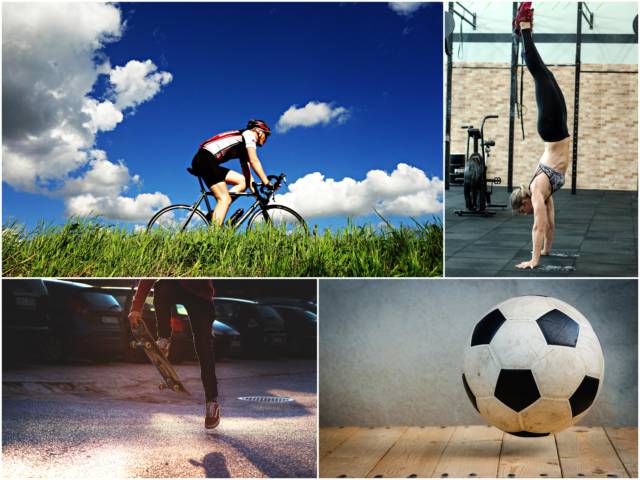 Sport, bicykel, gymnastika, futbal, skate