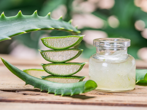 Fresh aloe leaves and aloe gel in the cosmetic jar on wooden table.