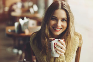 žena, úsmev, nápoj, káva, čaj
