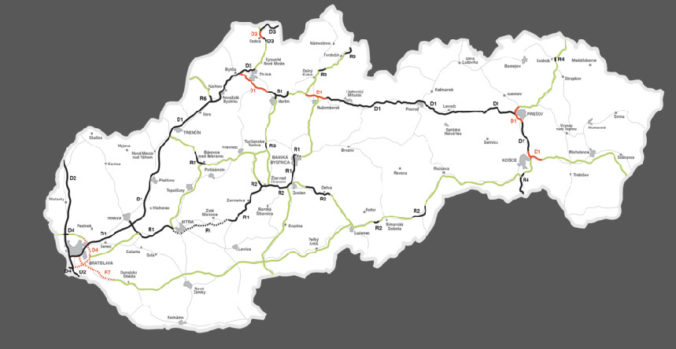 Mapa vybudovaných diaľničných úsekov
