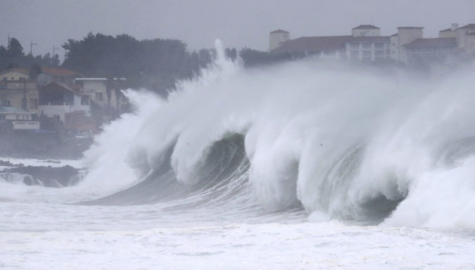 High waves crash a shore as Typhoon Maysak approach on Jeju Island, South Korea, Wednesday, Sept. 2, 2020. An offshore typhoon brought torrents of rain to southern Japan on Wednesday heading to the Korean Peninsula.
