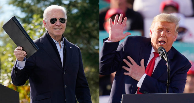 Kandidát na amerického prezidenta Joe Biden (vľavo) a súčasný americký prezident Donald Trump (vpravo).