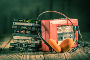 Retro cassette tape with walkman and headphones