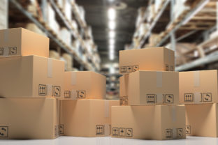 Cardboard boxes on blur storage warehouse shelves background. 3d illustration