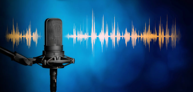 Professional studio microphone on blue background, Podcast or recording studio banner