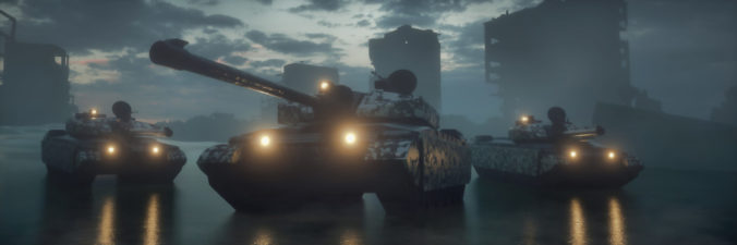 Military silhouettes three tanks on war fog sky background. Tanks battle. War Concept. 3d rendering