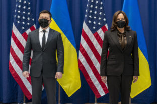 APTOPIX Germany US Vice President Kamala Harris and Ukrainian President Volodymyr Zelenskyy pose for photographs before meeting during the Munich Security Conference, Saturday, Feb. 19, 2022, in Munich. Munich Security Conference Harris