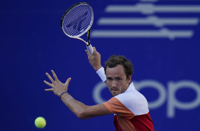 Mexico Tennis Mexican Daniil Medvedev of Russia returns a ball during a match against to Yoshihito Nishioka of Japan at the quarterfinal at the Mexican Open tennis tournament in Acapulco, Mexico, Open