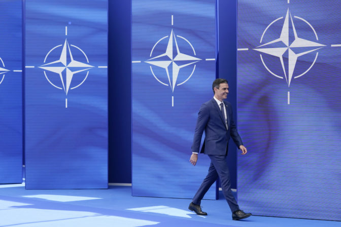 Spain's Prime Minister Pedro Sanchez arrives to pose for photos with NATO Secretary General Jens Stoltenberg at the NATO summit at NATO headquarters in Brussels, Monday, June 14, 2021. Russia’s invasion of Ukraine is certain to dominate an upcoming NATO summit in Madrid. But host nation Spain and other members are quietly pushing the Western alliance to consider how mercenaries aligned with Russian President Vladimir Putin are spreading Moscow’s influence in Africa. ()