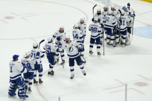 Tampa Bay Lightning defenseman Victor Hedman (77) and teammates celebrate a 3-2 team win against the Colorado Avalanche in Game 5 of the NHL Stanley Cup Final