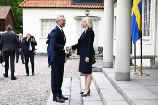 Sweden's Prime Minister Magdalena Andersson, right, welcomes NATO Secretary General Jens Stoltenberg at Harpsund, the country retreat of Swedish prime ministers, Sweden NATO