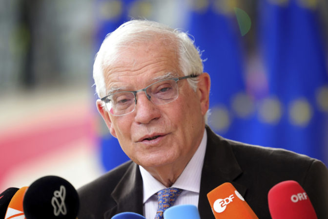European Union foreign policy chief Josep Borrell speaks with the media as he arrives for an EU summit in Brussels, Thursday, June 23, 2022. European Union leaders are expected to approve Thursday a proposal to grant Ukraine a EU candidate status, a first step on the long toward membership. The stalled enlargement process to include Western Balkans countries in the bloc is also on their agenda at the summit in Brussels.