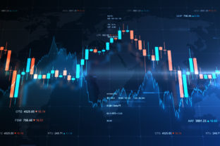 Finance background illustration with abstract stock market information and charts over world map and stock indexes.