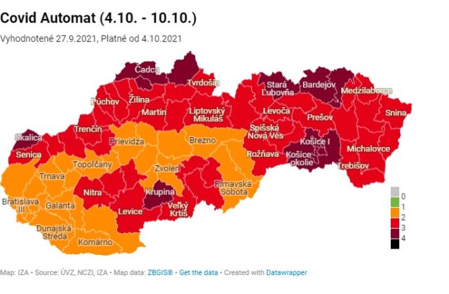 Na Slovensku pribudli bordové okresy, oranžové ubudli a červených je 39