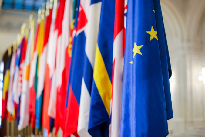European Union member states flags one next to another